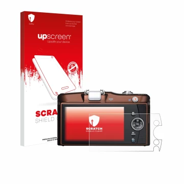 Face avant d’un emballage produit avec le logo de la marque upscreen. À côté, l’appareil Olympus PEN E-PM1 est représenté avec