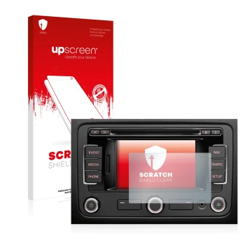 Face avant d’un emballage produit avec le logo de la marque upscreen. À côté, l’appareil Volkswagen Passat B7 2010-2015 RNS 31