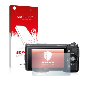 Face avant d’un emballage produit avec le logo de la marque upscreen. À côté, l’appareil Sony Alpha NEX-5N est représenté avec