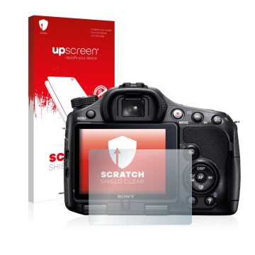 Face avant d’un emballage produit avec le logo de la marque upscreen. À côté, l’appareil Sony Alpha 65V (SLT-A65V) est représe
