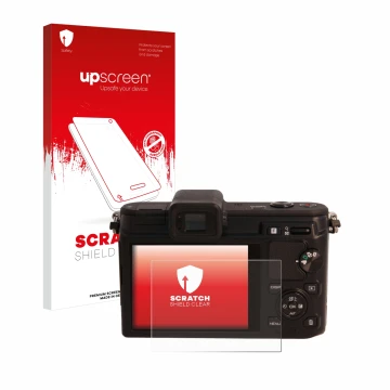 Face avant d’un emballage produit avec le logo de la marque upscreen. À côté, l’appareil Nikon 1 V1 est représenté avec la pro