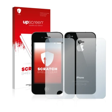 Face avant d’un emballage produit avec le logo de la marque upscreen. À côté, l’appareil Apple iPhone 4S (Avant+Arrière) est r