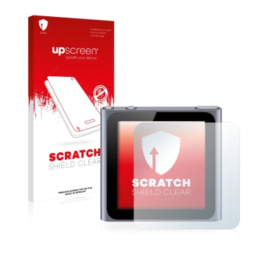 Face avant d’un emballage produit avec le logo de la marque upscreen. À côté, l’appareil Apple iPod nano 2011 (6ème Gen.) est 