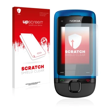 Face avant d’un emballage produit avec le logo de la marque upscreen. À côté, l’appareil Nokia C2-05 est représenté avec la pr