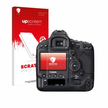 Face avant d’un emballage produit avec le logo de la marque upscreen. À côté, l’appareil Canon EOS 1D X est représenté avec la