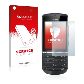 Face avant d’un emballage produit avec le logo de la marque upscreen. À côté, l’appareil Nokia Asha 300 est représenté avec la