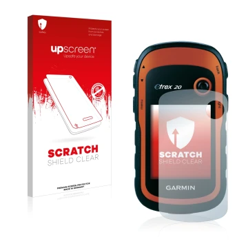 Face avant d’un emballage produit avec le logo de la marque upscreen. À côté, l’appareil Garmin eTrex 20 est représenté avec l