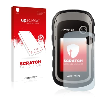 Face avant d’un emballage produit avec le logo de la marque upscreen. À côté, l’appareil Garmin eTrex 30 est représenté avec l