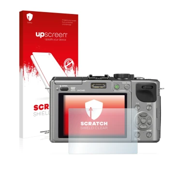 Face avant d’un emballage produit avec le logo de la marque upscreen. À côté, l’appareil Panasonic Lumix DMC-GX1 est représent