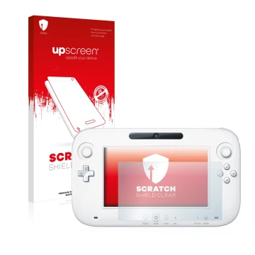 Face avant d’un emballage produit avec le logo de la marque upscreen. À côté, l’appareil Nintendo Wii U GamePad (Controller) e