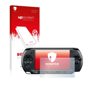 Face avant d’un emballage produit avec le logo de la marque upscreen. À côté, l’appareil Sony PSP Street E1004 est représenté 