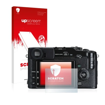 Face avant d’un emballage produit avec le logo de la marque upscreen. À côté, l’appareil Fujifilm X-Pro1 est représenté avec l