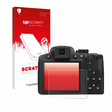 Face avant d’un emballage produit avec le logo de la marque upscreen. À côté, l’appareil Nikon Coolpix P510 est représenté ave