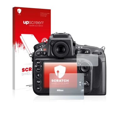 Face avant d’un emballage produit avec le logo de la marque upscreen. À côté, l’appareil Nikon D800 est représenté avec la pro