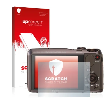 Face avant d’un emballage produit avec le logo de la marque upscreen. À côté, l’appareil Sony Cyber-Shot DSC-HX20V est représe
