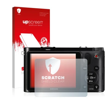 Face avant d’un emballage produit avec le logo de la marque upscreen. À côté, l’appareil Samsung NX1000 est représenté avec la