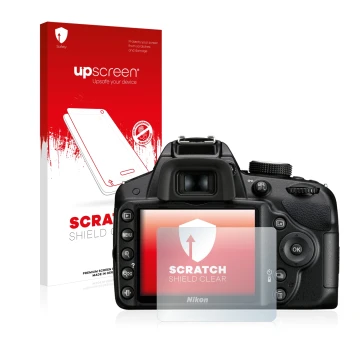 Face avant d’un emballage produit avec le logo de la marque upscreen. À côté, l’appareil Nikon D3200 est représenté avec la pr