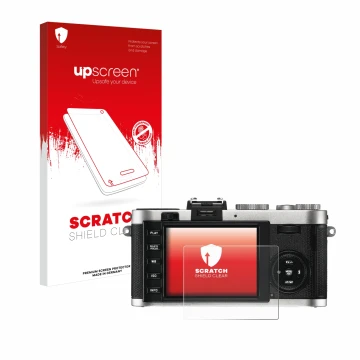 Face avant d’un emballage produit avec le logo de la marque upscreen. À côté, l’appareil Leica X2 est représenté avec la prote