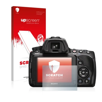 Face avant d’un emballage produit avec le logo de la marque upscreen. À côté, l’appareil Sony Alpha 37 (SLT-A37) est représent