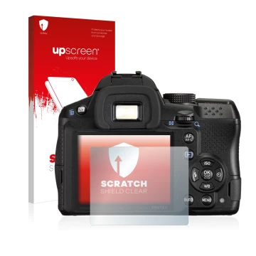Face avant d’un emballage produit avec le logo de la marque upscreen. À côté, l’appareil Pentax K-30 est représenté avec la pr