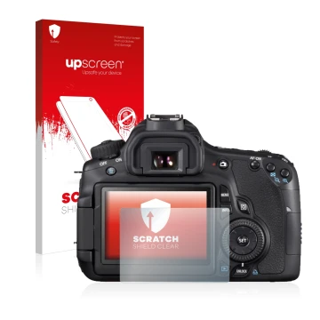 Face avant d’un emballage produit avec le logo de la marque upscreen. À côté, l’appareil Canon EOS 650D est représenté avec la