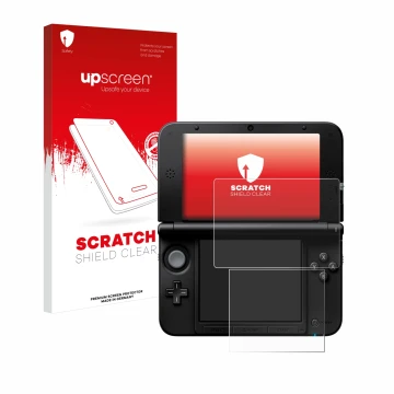 Face avant d’un emballage produit avec le logo de la marque upscreen. À côté, l’appareil Nintendo 3DS XL SPM7800 est représent