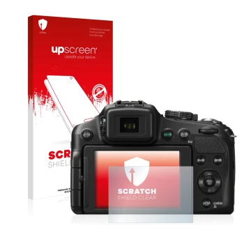 Face avant d’un emballage produit avec le logo de la marque upscreen. À côté, l’appareil Panasonic Lumix DMC-FZ200 est représe