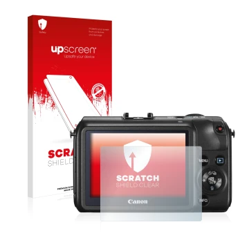 Face avant d’un emballage produit avec le logo de la marque upscreen. À côté, l’appareil Canon EOS M est représenté avec la pr