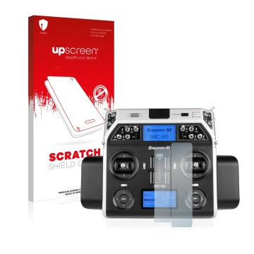 Face avant d’un emballage produit avec le logo de la marque upscreen. À côté, l’appareil Graupner MC-20 HoTT est représenté av