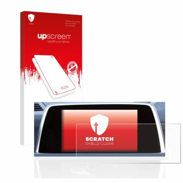 Face avant d’un emballage produit avec le logo de la marque upscreen. À côté, l’appareil BMW 6 F13 Coupe 2011 iDrive Pro 10.2