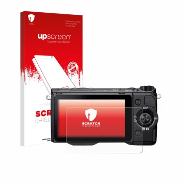 Face avant d’un emballage produit avec le logo de la marque upscreen. À côté, l’appareil Sony Alpha NEX-5R est représenté avec