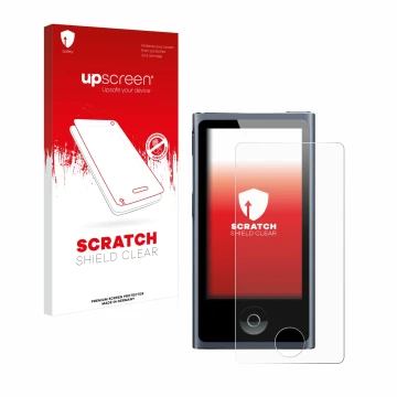 Face avant d’un emballage produit avec le logo de la marque upscreen. À côté, l’appareil Apple iPod nano 2012 (7ème Gen.) est 
