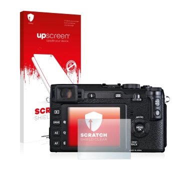Face avant d’un emballage produit avec le logo de la marque upscreen. À côté, l’appareil Fujifilm X-E1 est représenté avec la 