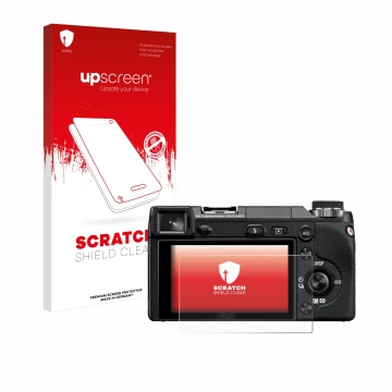 Face avant d’un emballage produit avec le logo de la marque upscreen. À côté, l’appareil Sony Alpha NEX-6 est représenté avec 