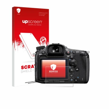 Face avant d’un emballage produit avec le logo de la marque upscreen. À côté, l’appareil Sony Alpha 99 est représenté avec la 