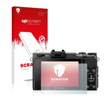 Face avant d’un emballage produit avec le logo de la marque upscreen. À côté, l’appareil Olympus Stylus XZ-2 est représenté av