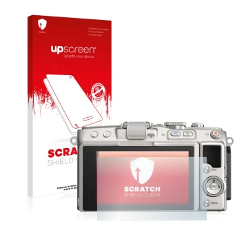 Face avant d’un emballage produit avec le logo de la marque upscreen. À côté, l’appareil Olympus PEN Lite E-PL5 est représenté
