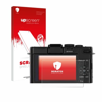 Face avant d’un emballage produit avec le logo de la marque upscreen. À côté, l’appareil Leica D-Lux 6 est représenté avec la 