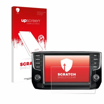 Face avant d’un emballage produit avec le logo de la marque upscreen. À côté, l’appareil Volkswagen Passat 2015 Discover Pro 8