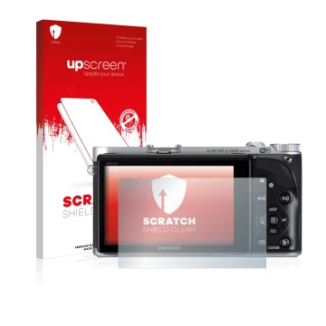 Face avant d’un emballage produit avec le logo de la marque upscreen. À côté, l’appareil Samsung NX300 est représenté avec la 