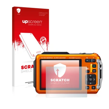 Face avant d’un emballage produit avec le logo de la marque upscreen. À côté, l’appareil Panasonic Lumix DMC-FT5 est représent