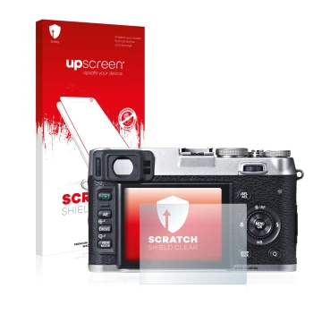 Face avant d’un emballage produit avec le logo de la marque upscreen. À côté, l’appareil Fujifilm X100S est représenté avec la