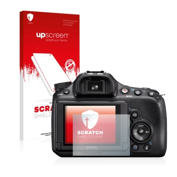 Face avant d’un emballage produit avec le logo de la marque upscreen. À côté, l’appareil Sony Alpha 58 (SLT-A58) est représent