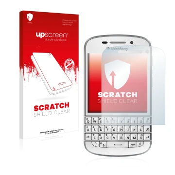 Face avant d’un emballage produit avec le logo de la marque upscreen. À côté, l’appareil BlackBerry Q10 est représenté avec la