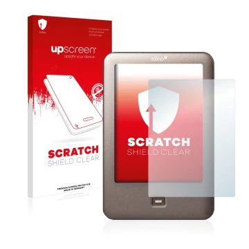 Face avant d’un emballage produit avec le logo de la marque upscreen. À côté, l’appareil Tolino Shine est représenté avec la p