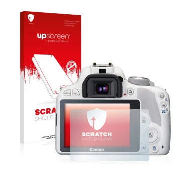 Face avant d’un emballage produit avec le logo de la marque upscreen. À côté, l’appareil Canon EOS 100D est représenté avec la