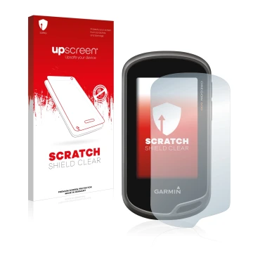 Face avant d’un emballage produit avec le logo de la marque upscreen. À côté, l’appareil Garmin Oregon 650 est représenté avec