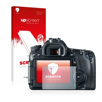 Face avant d’un emballage produit avec le logo de la marque upscreen. À côté, l’appareil Canon EOS 70D est représenté avec la 