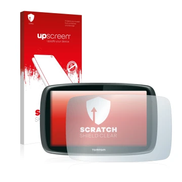 Face avant d’un emballage produit avec le logo de la marque upscreen. À côté, l’appareil TomTom GO 6000 est représenté avec la
