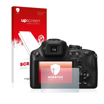 Face avant d’un emballage produit avec le logo de la marque upscreen. À côté, l’appareil Panasonic Lumix DMC-FZ72 est représen